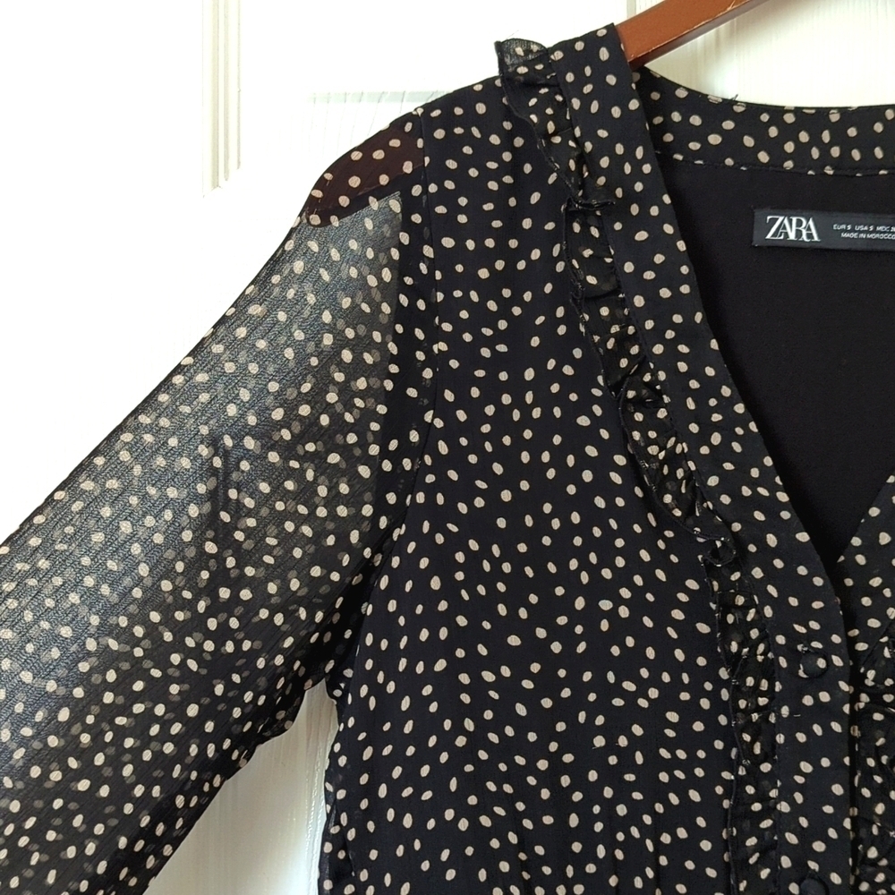 Zara Speckled Ruffled Trim V-neck Long Sleeve Button Down Mini Dress Black Small - Picture 4 of 12